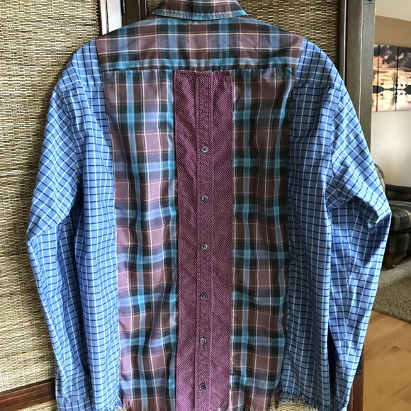 Upcycled Patchwork Button-Down Shirt, Size M-L: Boho Fringed Hem, Mixed Print - Picture 12 of 13
